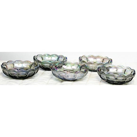 5 Bowls Indiana Carnival Blue Glass Snack/Dessert Scallop Thumbprint Iridescent - Picture 3 of 7